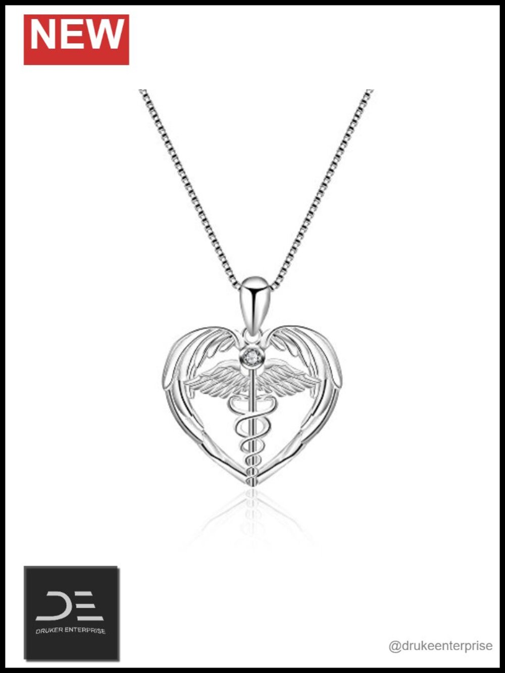 Sterling Silver Caduceus Angel Nurse Pendant Necklace 18" Box Chain